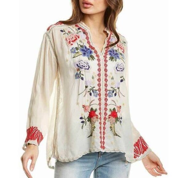 Johnny Was Maude Blouse Mathilde Embroidered Floral Butterfly Rayon Top Cream - Picture 1 of 4